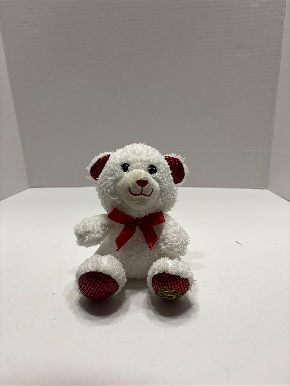 White Plush Teddy Bear with Red Bow and Accents
